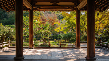 A serene image of a traditional Japanese garden viewed through the elegant simplicity of a wooden pagoda. - obrazy, fototapety, plakaty