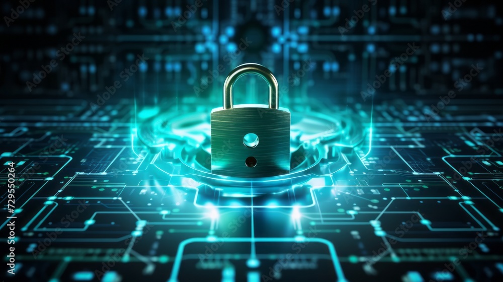 Poster futuristic cybersecurity concept: padlock symbolizing internet security and personal data protection