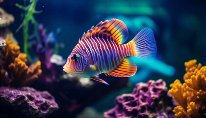 Colorful tropical fish in the aquarium background
