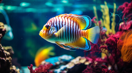 Colorful tropical fish in the aquarium background