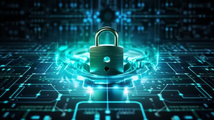 Futuristic cybersecurity concept: padlock symbolizing internet security and personal data protection on tech background