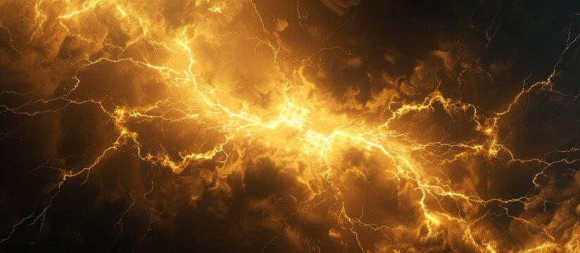 Thunderstorm golden lightening on a dark background. AI generated image