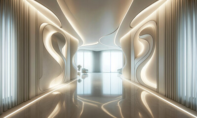 Modern, futuristic elegant beige corridor with sculptural walls and integrated lighting. Generative AI