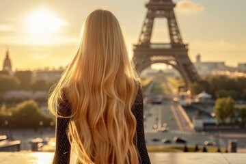 Once in Paris. Banner of back beautiful slim chic girl with long blond hair against Eiffel tower