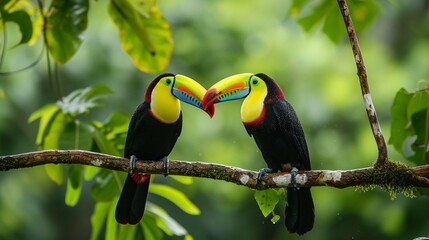Toucan sitting on the branch in the forest, green vegetation, Costa Rica. Nature travel in central America. Two Keel-billed Toucan, Ramphastos sulfuratus, pair of bird with big bill.