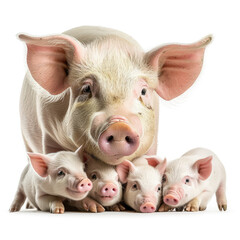 Pig and piglets on a white background.