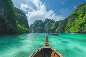 Panorama amazed nature scenic landscape Maya Bay with boat for traveler, Attraction famous popular place tourist travel Phuket Thailand beach summer vacation trips, Tourism beautiful destination Asia - obrazy, fototapety, plakaty