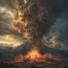 Dramatic volcanic eruption captured at dusk, vibrant nature catastrophe scene, majestic and terrifying. AI