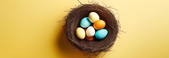 Easter poster background template with Easter eggs in the nest on light yellow background. Greetings and presents for Easter Day 