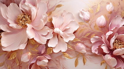 Watercolor pink gold flower abstract mural, peonies, tulips, rose, large delicate voluminous flowers, background, wallpaper, generative AI