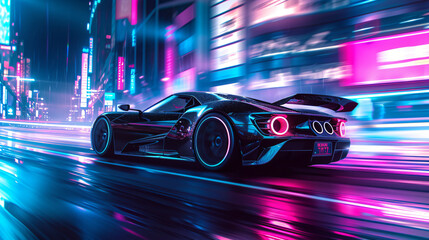 A sleek high-performance sports car zipping through a neon-lit cityscape at night.