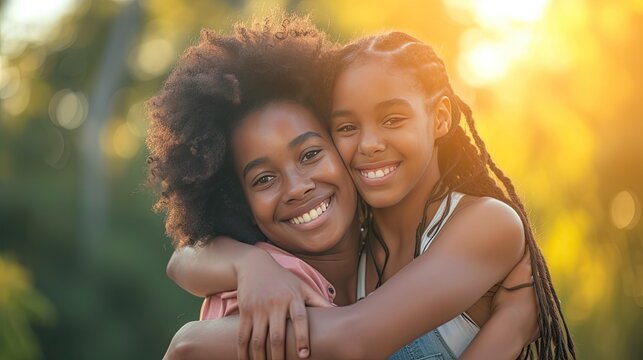 African american woman hugging her smiling teen daughter. Family love single parent child concept. - Generative AI
