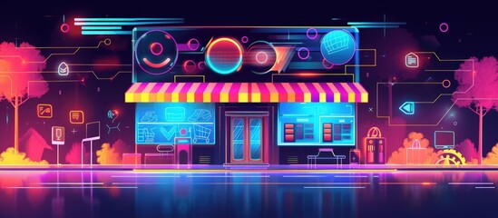 Abstract futuristic store or shop for business online neon light concept background. AI generated