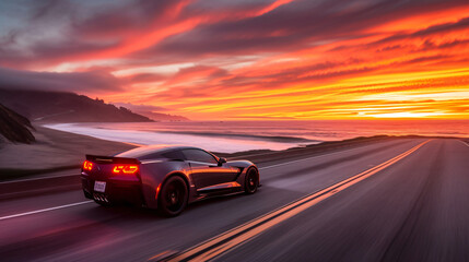 A sleek modern sports car racing down a coastal highway at sunset.