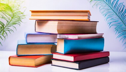 stack of colorful books on white background collection of different books hardback books for reading back to school and education learning concept