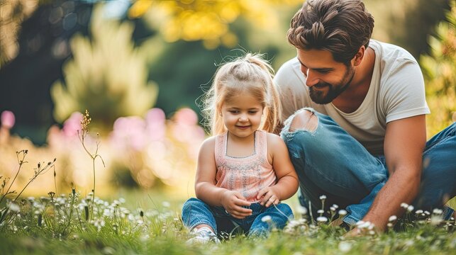 Little blonde girl sitting between mon and dad in the garden. Child enjoying with her young parents. Love and family concept. - Generative AI.