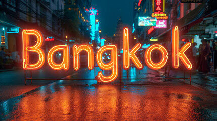 The glowing neon sign of Bangkok lights up the bustling city street in the evening, capturing the vibrant urban nightlife.

