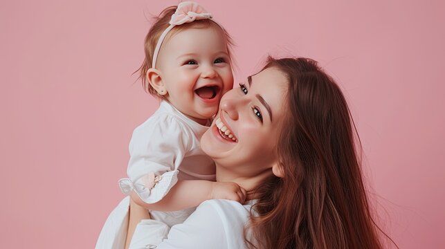 Woman have fun with cute child baby girl. Mother, little kid daughter isolated on pastel pink wall background, studio portrait. Mother's Day, love family, parenthood childhood concept. - AI Generated