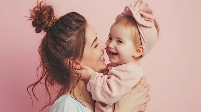 Woman have fun with cute child baby girl. Mother, little kid daughter isolated on pastel pink wall background, studio portrait. Mother's Day, love family, parenthood childhood concept. - AI Generated