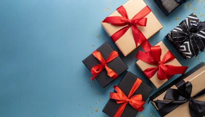 black friday top view christmas boxes with ribbon on blue background with copy space generative ai