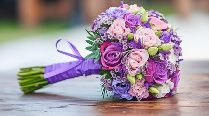 Beautiful and colorful bouquet of flowers over wood table.