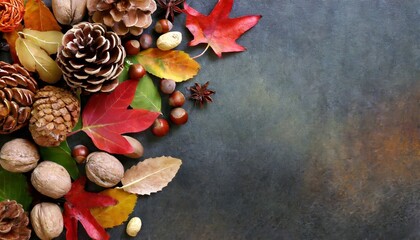 colorful fall leaves nuts and pine cones corner border over a rustic dark banner background overhead view with copy space
