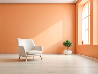 The room is empty and has a light orange wall and a white wooden floor. There is only one armchair present in the room.