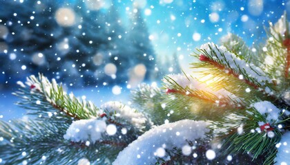 Fototapeta na wymiar christmas tree branch with white snow christmas fir and pine tree branches covered with snow background of snow and blurred effect gently falling snow flakes against blue