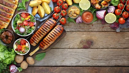 Poster summer bbq or picnic food corner border over a rustic wood banner background assorted grilled meats vegetables fruits salad and potatoes overhead view with copy space © Tomas