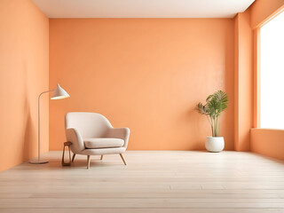 The room is empty and has a light orange wall and a white wooden floor. There is only one armchair present in the room.
