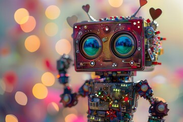 high quality photorealistic, highly detailed, clean and sharp photo of Sculpture of a super cute adorable colorful punk rock raver robot made of electronic junk, stars, hearts in found object