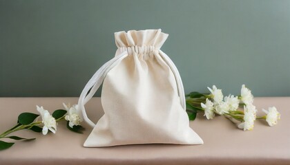 white drawstring bag on background fabric cotton small bag pouch