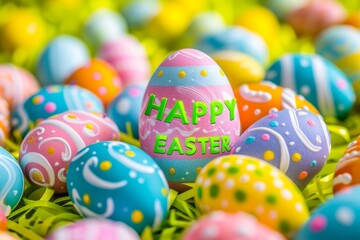 Fototapeta na wymiar Happy Easter with many colorful eggs sitting in the grass Generative AI