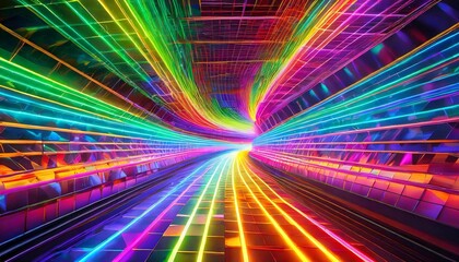 a 3d render of a rainbow colored hyperspace tunnel showcasing vibrant lights and laser beams the abstract geometric lines and cosmic illumination evoke a sense of futuristic speed and energy