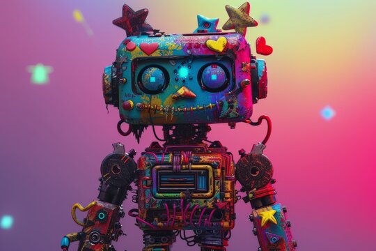 high quality photorealistic, highly detailed, clean and sharp photo of Sculpture of a super cute adorable colorful punk rock raver robot made of electronic junk, stars, hearts in found object