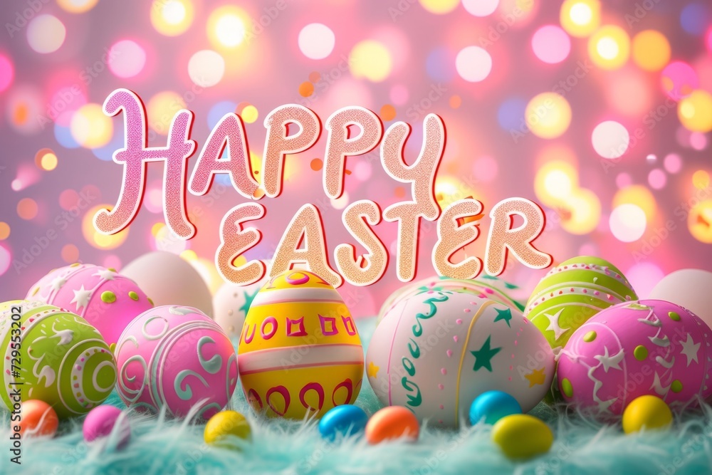 Poster happy easter with eggs on pink bokeh background generative ai