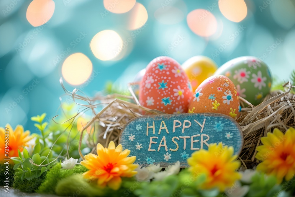 Poster happy easter with colorful eggs sitting in a nest generative ai