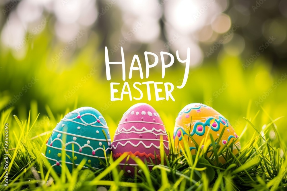 Poster happy easter with colorful eggs sitting in the grass generative aieaster generative ai