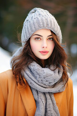 beautiful woman in a cozy knitted hat and scarf