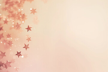 Birthday Background Pastel Peach Colours delicate powder pink Glitter Stars falling with soft caramel brown copy space 