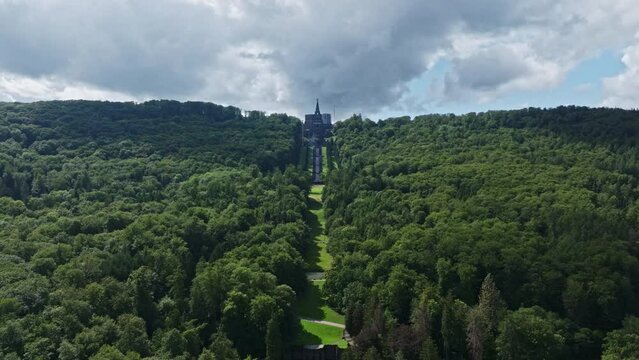 Aerial drone view of Hercules monument . It is located in the Bergpark Wilhelmsh&ouml;he in Kassel , northern Hesse, Germany.