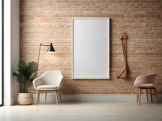 Poster image with a blank front realistic on a mockup template in a brick wall in a luxury modern clothing shop design.