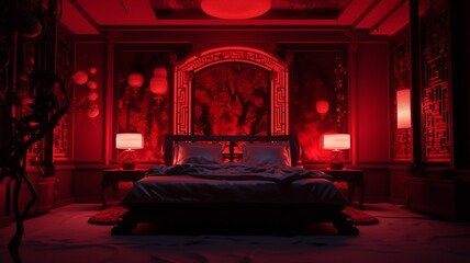 Modern red neon lighting aesthetic bedroom interior design HD realistic image