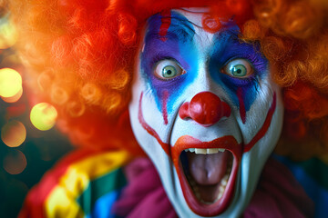 A Close Up Of A Scary Clown With His Mouth Open
