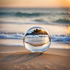 Lens ball on beach sand with ocean water reflection 