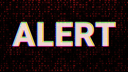 Alert Sign on Red Glitch Cryptographic Background. System Virus, Crypto Rug Pull, Blockchain Rekt Concept.