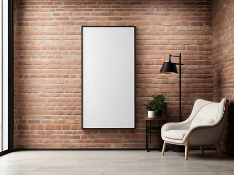 Poster image with a blank front realistic on a mockup template in a brick wall in a luxury modern clothing shop design.