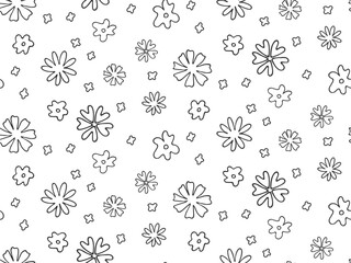 Simple abstract Floral seamless Pattern. Doodle hand drawn Outline flowers. Black and white seasonal botanical line drawn background