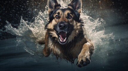 german shepherd dog in water - obrazy, fototapety, plakaty