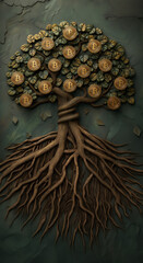 A dimensional relief of a tree with bitcoin or crypto growing on its branches and elaborate roots in a mobile friendly, vertical layout